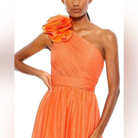 NWT MAC DUGGAL | 49536 Ruffled One Shoulder Gown Tangerine Gold Shimmer 2 - Picture 2 of 12